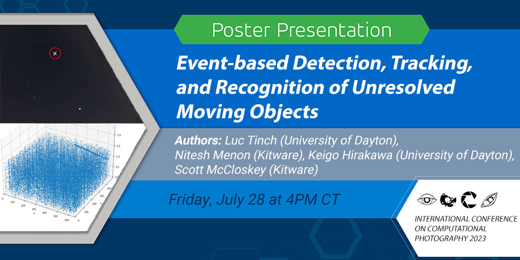 Kitware's tweet image. Don't miss our #ICCP2023 poster presentation today at 4 PM CDT. We investigated the feasibility of event-based sensing to wide field of view sky monitoring for unresolved, fast-moving optical targets. Stop by our poster to learn more #eventdetection #objectdetection