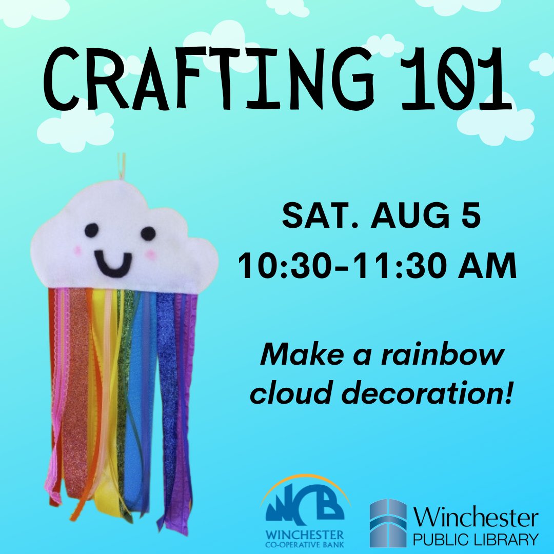 Calling all crafters! Join us next Saturday, 8/5, at 10:30 am and make a rainbow cloud decoration. All ages are welcome, though little ones may need some extra help. Sign up at ow.ly/IR5L50Pn6wZ

#winchesterpubliclibrary #familyfun #crafting #libraryprograms