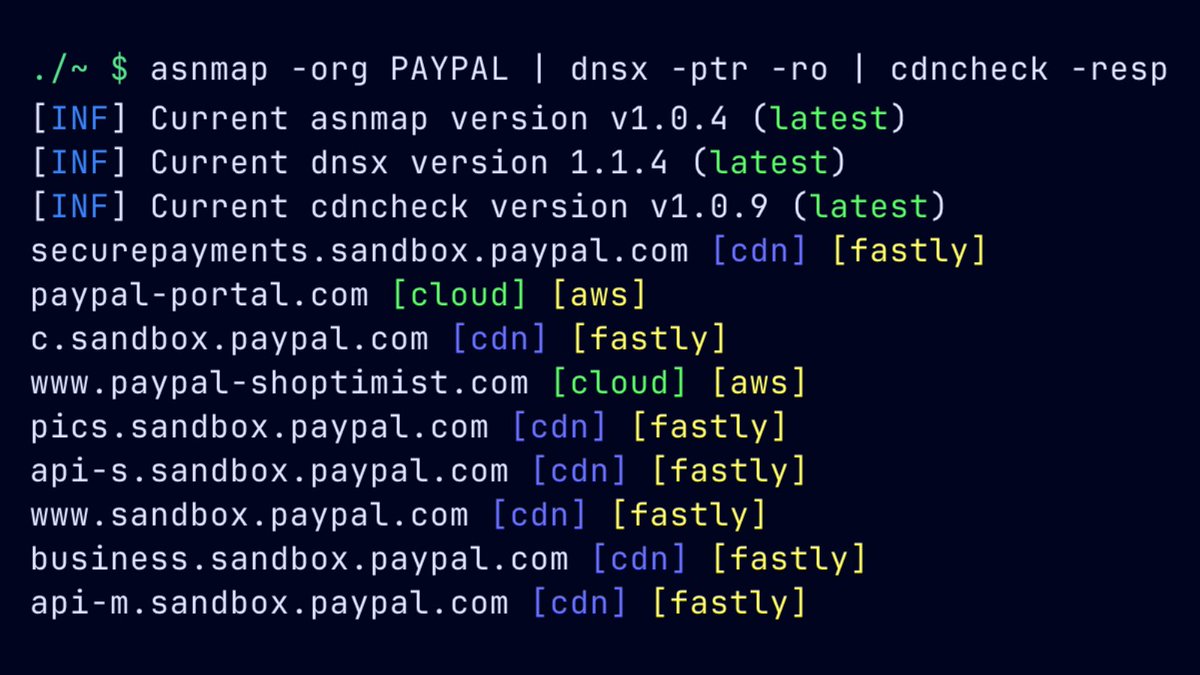 pdiscoveryio's tweet photo. Get CIDR ranges owned by an organisation with asnmap, extract domain names using dnsx then check for CDNs, WAFs and cloud providers with cdncheck! 💡

Install these tools:
asnmap 👉 https://t.co/EGWR8fPJ2a
dnsx 👉 https://t.co/1319t7GcEd
cdncheck 👉 https://t.co/Pc4qruBhMi https://t.co/QSTRDDeFKb