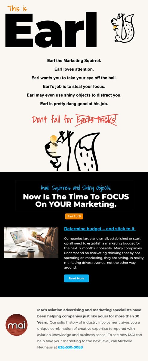 MAISTL's tweet photo. Meet EARL the marketing squirrel. In a 9-part educational series to keep you focused on what matters. Avoid Squirrels &amp; Shiny Objects In Marketing.

https://t.co/s1De3STYuA https://t.co/ZK8q8wgXu1