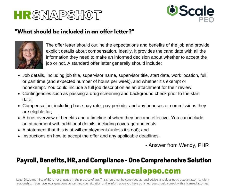 Scale_PEO's tweet photo. Read the advice from our ScalePEO HR Pros on what to include in an offer letter. #ScalePEO #SmallBusiness #WorkWithScalePEO https://t.co/b3q4aRc32w