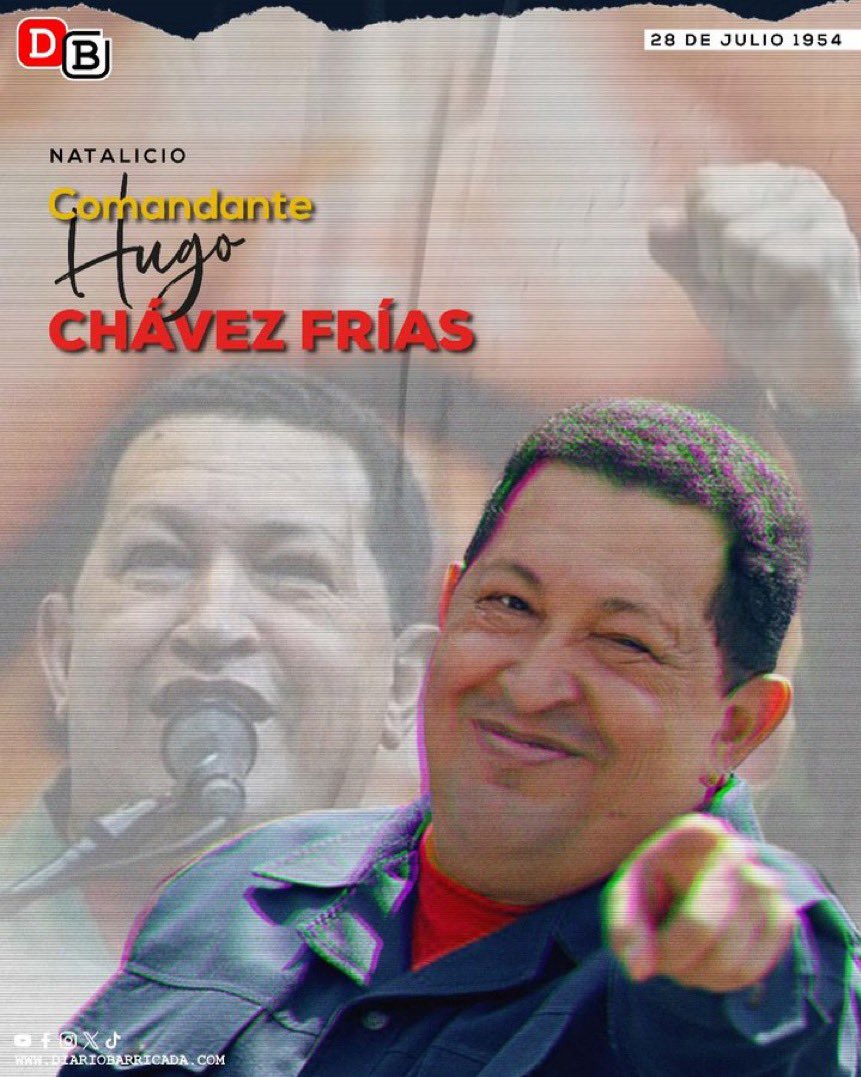 #28DeJulio de 1954 nace Hugo Chávez, continuador del pensamiento y legado del Libertador Simón Bolivar, sembrando y cosechando Dignidad, Identidad, Soberanía, Autodeterminación, Unidad Latinoamericana, Democracia Directa, Socialismo autóctono
#UnidosEnVictorias
#ComandanteAmigo