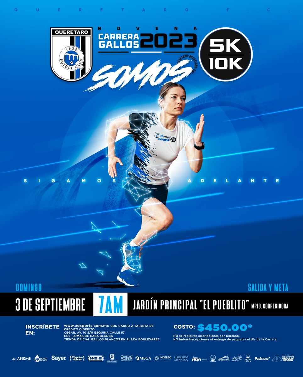 ¡Ya casi es la Carrera Gallos 2023!  🏃🏻‍♀️🏃🏻

Los esperamos el 3 de septiembre a las 7:00 a.m., en el Jardín Principal “El Pueblito”, en el municipio Corregidora.

Inscripciones en:
▪️ aqsports.com.mx
▪️ CEGAR
▪️ Tienda Oficial Gallos Blancos (Plaza Boulevares)

#Somos🔵⚫️