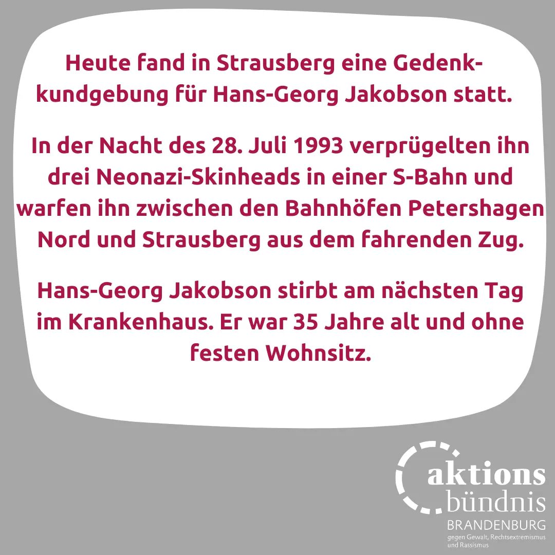 ab_brandenburg's tweet photo. Heute fand in #Strausberg eine Gedenkveranstaltung zum 30. Jahrestag des Angriffs auf Hans-Georg Jakobson statt. In zahlreichen Redebeiträgen wurde an den Mord durch Neonazis an dem Wohnungslosen 1993 gedacht. Eine Gedenkinitiative bemüht sich um ein festen Gedenkort am Bahnhof. https://t.co/V0JYS3V8PY