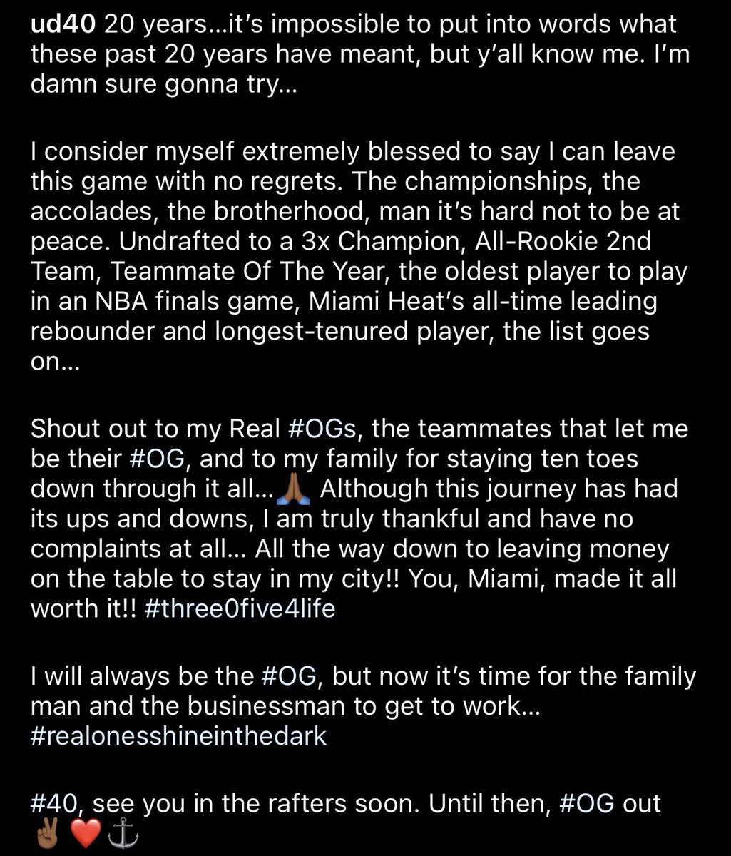 HeatvsHaters's tweet image. Udonis Haslem’s goodbye letter to the fans. 

“40, see you in the rafters soon” 🫶