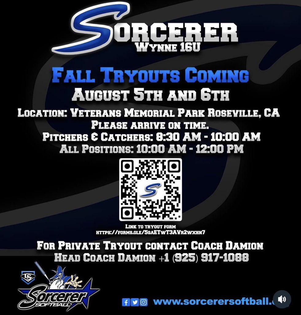 "🥎 Calling all softball athletes! 📣 Exciting news! Sorcerer Wynne softball is holding tryouts for our incredible team! 🌟 If you're passionate about the game and ready to elevate your skills click the link below to fill out the form and secure your spot. #PGF #PGFNationals
