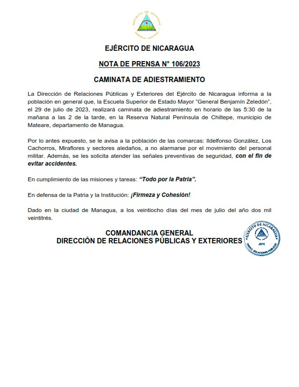 EjercitoNic's tweet photo. #COMUNICADO | La #DirecciónDeRelacionesPúblicas informa a la población que, la Escuela Superior de Estado Mayor (#ESEM), el 29 de julio, realizará caminata de adiestramiento en horario de las 5:30 a.m. a las 2:00 p.m., en la Reserva Natural Península de #Chiltepe. #TodoPorLaPatria