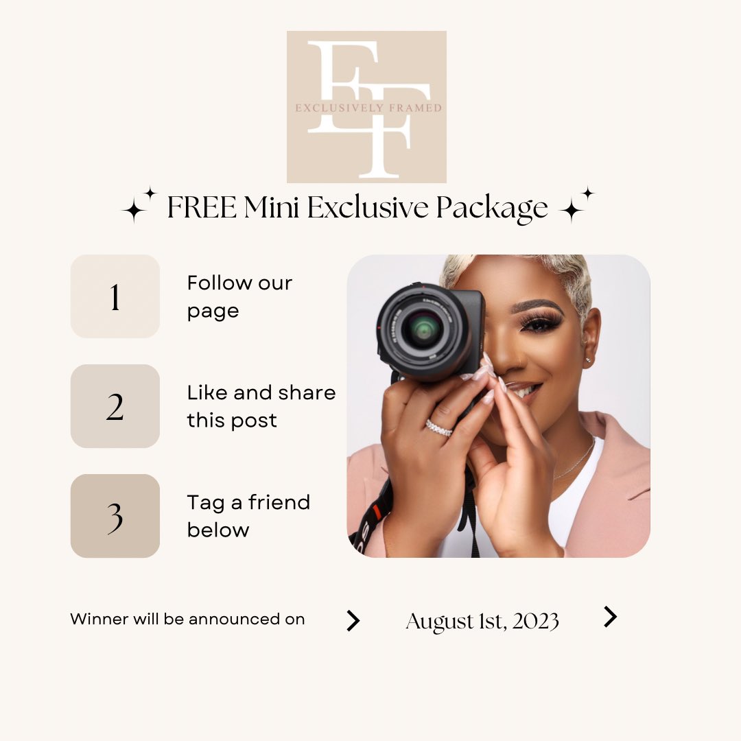 FREE MINI EXCLUSIVE PACKAGE that includes a 45min photoshoot session with 4 final edits! Must be located in Dallas, TX to participate!!

✨HOW TO ENTER✨
Follow our Instagram page @exclusivelyframed and complete the steps below!

#dallasphotographer #dallasinfluencer  #giveaway