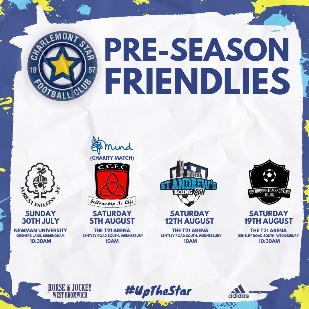 📆 A look at the remainder of our pre-season fixtures 

𝟑𝟎𝐭𝐡 𝐉𝐮𝐥 - <a href="/ForestFalcons/">Forest Falcons</a> 
𝟓𝐭𝐡 𝐀𝐮𝐠 - Christchurch Coseley 
𝟏𝟐𝐭𝐡 𝐀𝐮𝐠 - St Andrews Netherton
𝟏𝟗𝐭𝐡 𝐀𝐮𝐠 - <a href="/BelbroughtonFc/">Belbroughton Sporting FC</a> 

#UpTheStar ⭐️