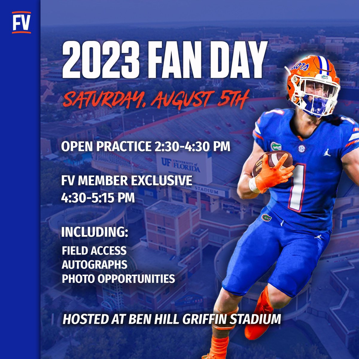 🏈Join us on August 5th, for an unforgettable day of @GatorsFB at an Open Practice session & exclusive for FV members, access to the field after for autographs and photo opportunities. For more information, RSVP, and updates check out your member dashboard! #FanFest2023