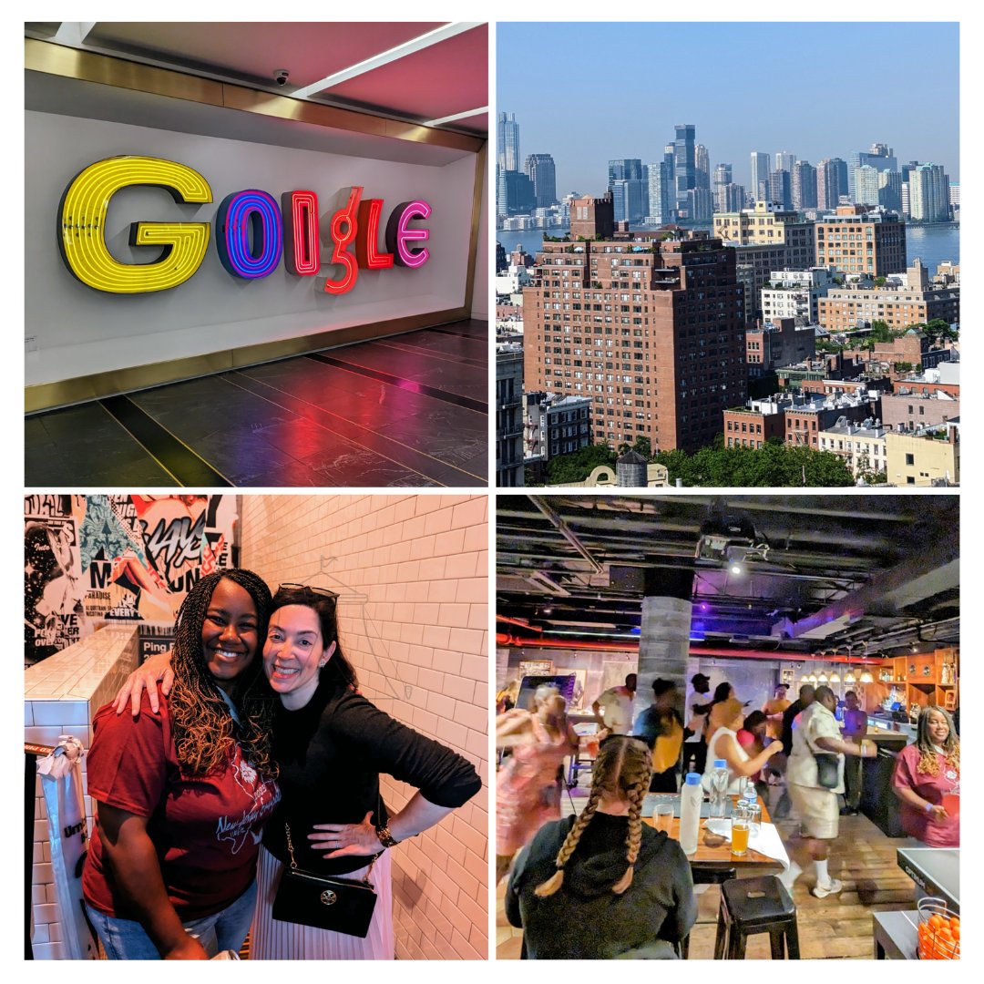 In this collage, the Google logo, a view of Manhattan, an image of Toni Dunlap and Michelle Magallanez and a group of equity fellows are shown.