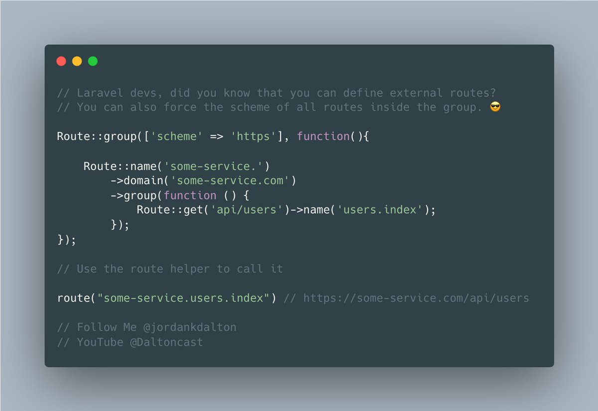 jordankdalton's tweet image. Laravel devs, did you know that you can define external
routes? Checkout this snippet.
I also including something special to help you out when declaring these routes. 😉