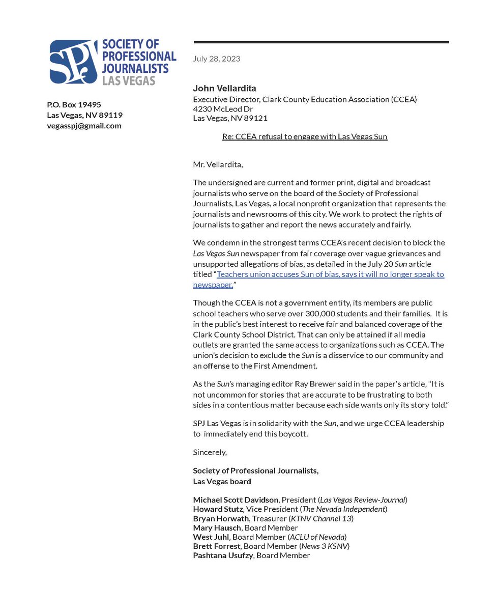 spjlv's tweet photo. SPJ Las Vegas is calling for the Clark County Education Association (@cceanv)  to immediately end its decision to block the @LasVegasSun newspaper from fair coverage over vague grievances and unsupported allegations of bias. https://t.co/T22hZ7f4jm
