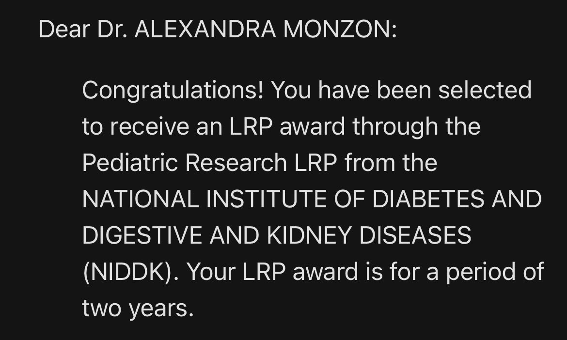 Beyond thankful for my amazing mentoring team (shoutout <a href="/pato6i/">Susana Patton</a>, <a href="/DrJessicaPierce/">Jessica Pierce, PhD</a>, and <a href="/r_m_wasser/">Rachel Wasserman, PhD</a>) for their support and to <a href="/NIDDKgov/">NIDDK</a> @NIH_LRP for this tremendously helpful award! I have tried to limit email checking while on maternity leave and was so excited to see this today!
