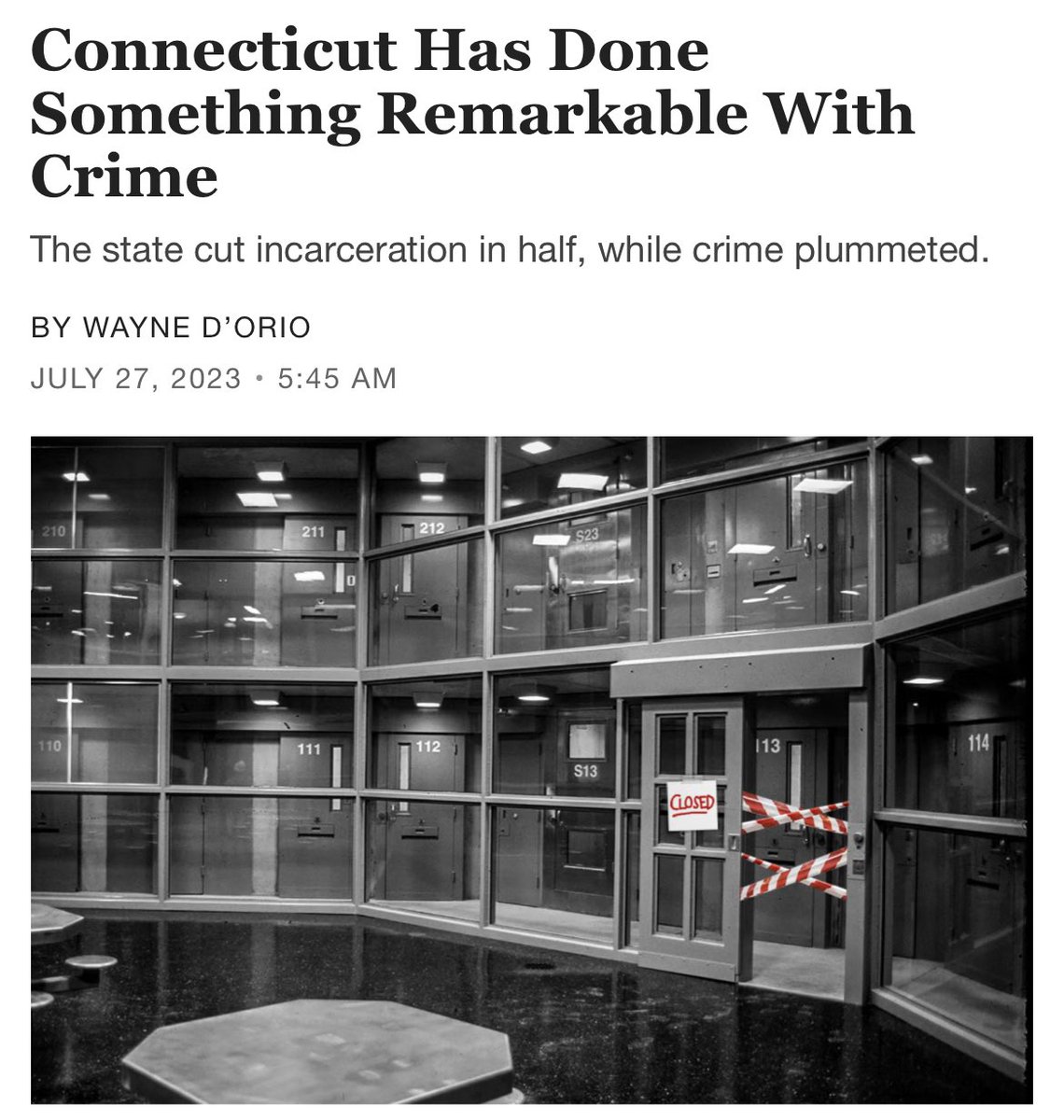 While Connecticut reduced its prison population by 50% &amp; closed 10 facilities, crime fell to 40-year lows. Violent crime sank by 43% from 2011-2021.
 
Prisons don’t produce public safety.

And yet, the prison budget decreased by only $3M.

All prisons are for profit.