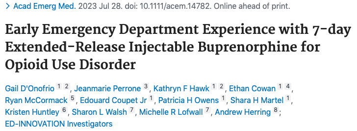 Newly published (@AcademicEmerMed), @DonofrioGail et al report on ~800 ED patients with opioid use disorder who received a 7-day injectable preparation of extended-release buprenorphine between 6/2020-7/2023. pubmed.ncbi.nlm.nih.gov/37501652/