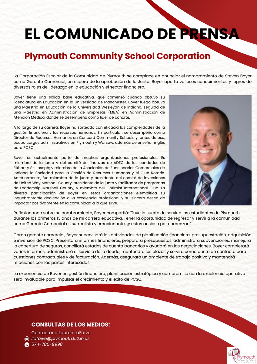 Please join us in welcoming Steven Boyer as Business Manager of PCSC!

¡Únase a nosotros para darle la bienvenida a Steven Boyer como Gerente Comercial de PCSC!

#whyPCSC #businessmanager #plymouthindiana