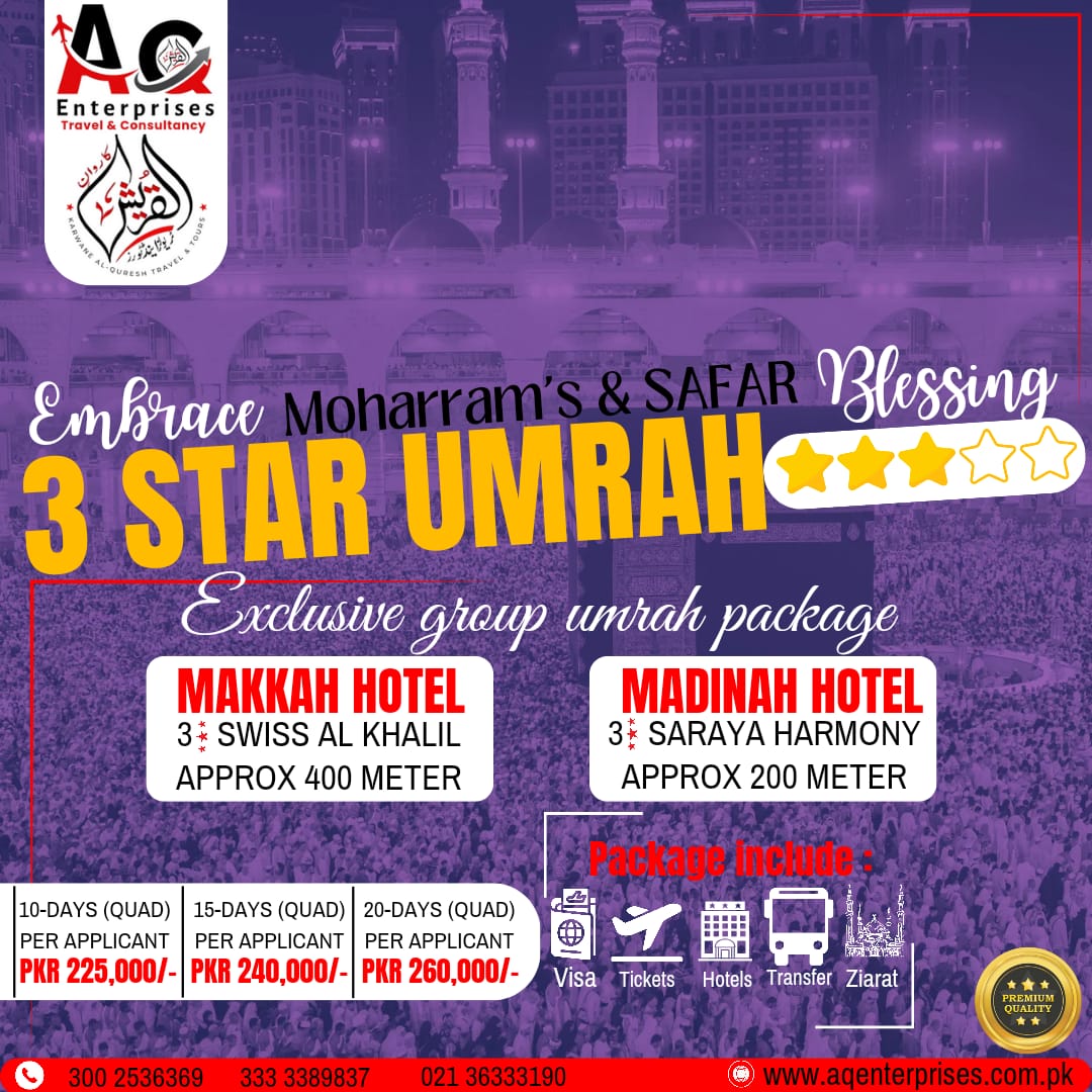 AQEnterprisesTr's tweet photo. Embark on a blissful pilgrimage like never before with #3StarUmrha by Karwane Al-Quresh Travel &amp; Tours, a trusted name in religious travel and a proud part of #AQEnterprises. 🕋🌙
 #JourneyOfDevotion #TravelWithAQ #SpiritualExperience #AlQuresh #karwanealquresh #umrah2023 #3star https://t.co/YCGkwghqAR