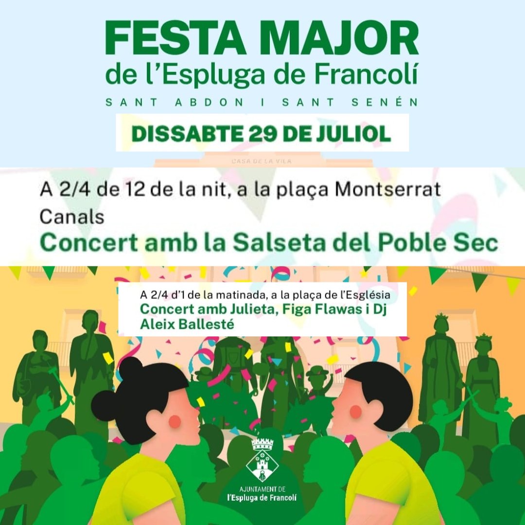 benaisit's tweet photo. 🎉 Demà, dissabte 29 de juliol a les 23.30h, concert de la La Salseta del Poblesec a la plaça Montserrat de l'Espluga de Francolí!

✨ Després, la nit es tancarà de la millor manera amb les actuacions de @akajuuuu, @figaflawas i @aleixballestedj! https://t.co/EaE7Eg1gzQ