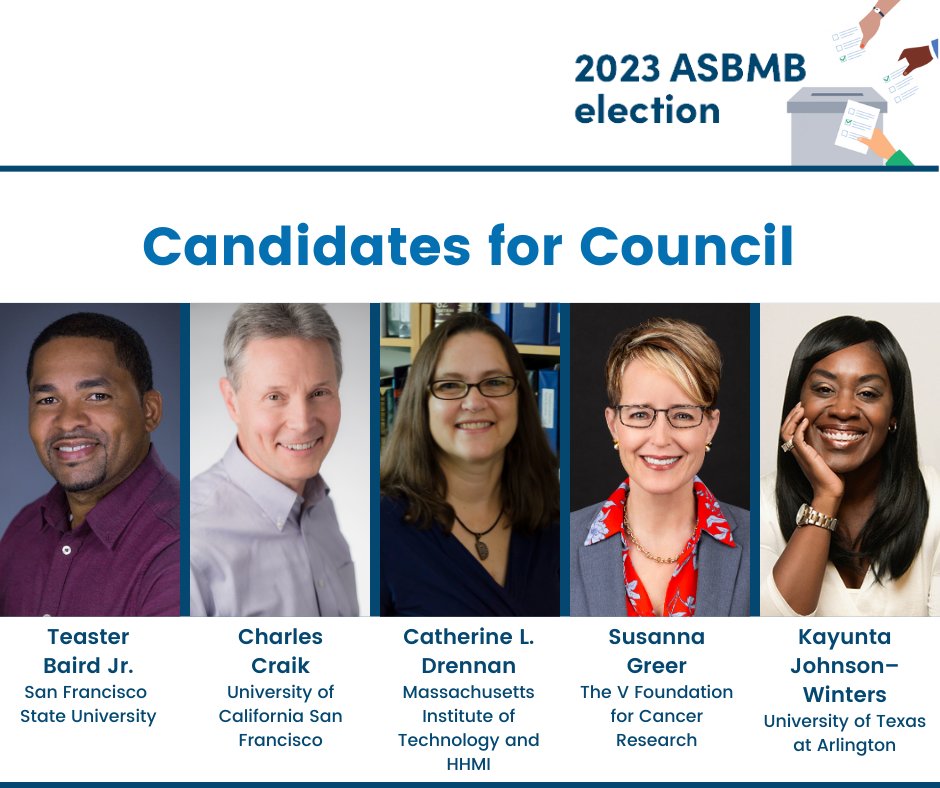 ASBMB's tweet photo. Council helps set strategic directions & ensures activities align w/ASBMB's mission. Teaster Baird Jr., Charles Craik, @Drennan_Lab, @susannagreer & @KayuntaJ are running! Vote for three candidates by today's deadline: https://t.co/wWtBNgCOfV. #ASBMBelections https://t.co/sogD4YH617