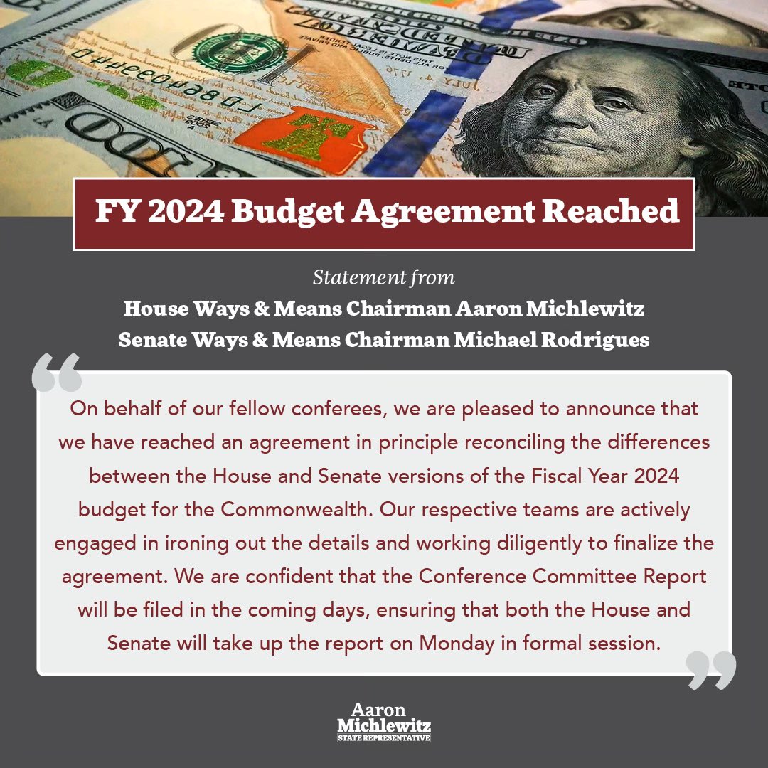 Proud to announce with @SenRodrigues that an FY24 Budget agreement between the House and the Senate has been reached and will be voted on Monday in session. #mapoli