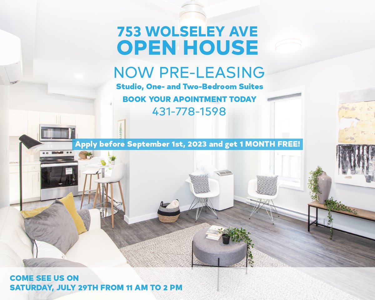 OPEN HOUSE EVENT at 753 Wolseley Avenue! 
Earliest move-in date: September 1st, 2023.
Come Visit Us Every Saturday (Except Stat. Holidays, we are closed), 11 AM - 2 PM.
Call: 431-778-1598 or Schedule your appointment today: 
753wolseleyavenueapartments.ca/contactus 
#thorwinproperties #Winnipeg