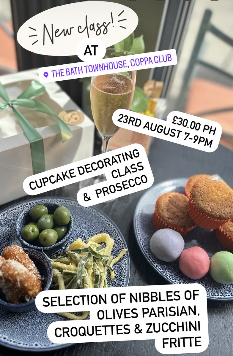 We have just launched a Cupcake and Fizz evening at the Coppa Bar in bath.
23rd Aug 7-9pm 
£30.00ph
Includes nibbles, glass of fizz and 4x cupcakes to decorate with Sara.
Message me to book, its going to be a great night.
<a href="/ThePigGuide/">ThePrandialPlayground</a> <a href="/BathLifeMag/">Bath Life</a>