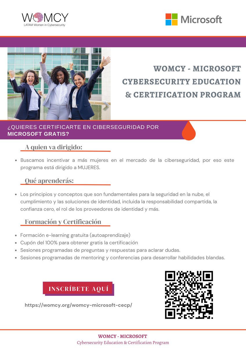 #WOMCY y #Microsoft lanzan la segunda fase del programa, que busca capacitar y certificar a #MUJERES de toda América Latina en SC-900 Microsoft Security, Compliance and Identity Fundamentals. AHORA TAMBIÉN EN ESPAÑOL!!
Inscríbete hasta diciembre de 2023. 
bit.ly/womcy_sc900_la…