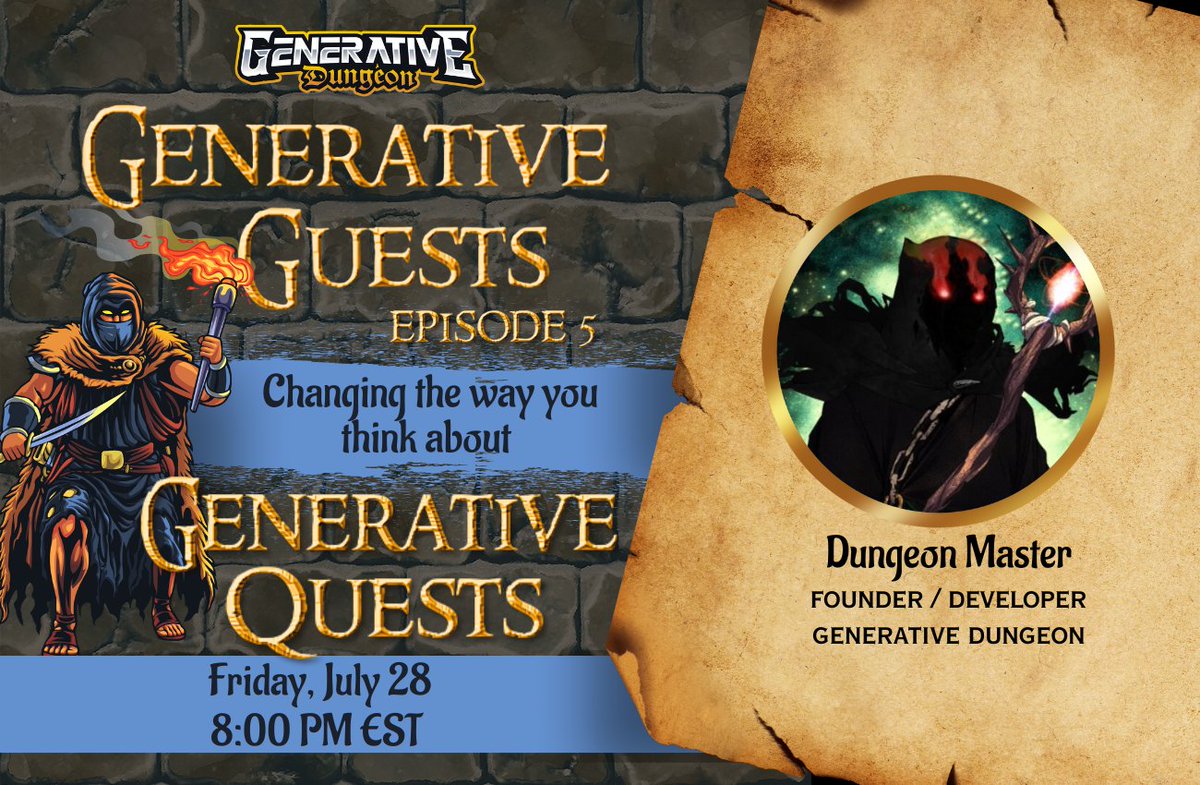 💤 It's been quiet for a couple weeks, but things are changing!  

Today we will be presenting <a href="/GenDungeon/">Generative Dungeon</a> 's greatest gift to date...

 🛡️Generative Quests🛡️

The much awaited 3D upgrade to Generative Dungeon has arrived and it's epic🔥   

Join here:  x.com/GenDungeon/sta…