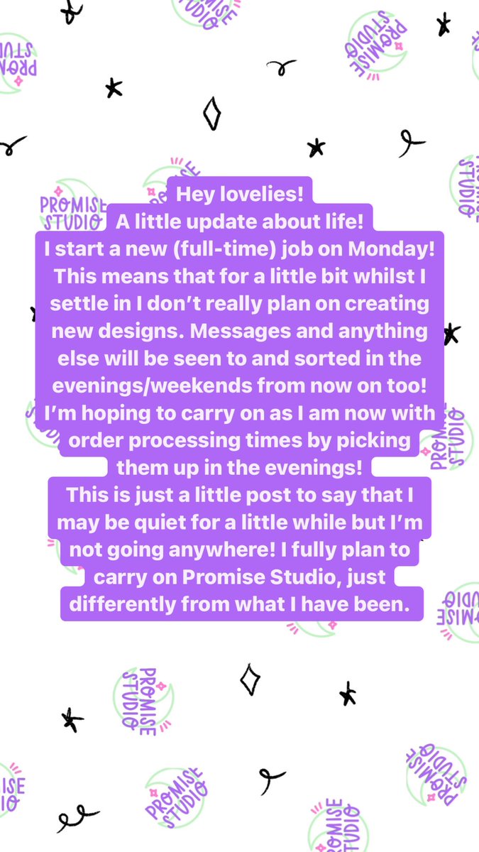 promisestickers's tweet photo. A little post about how Promise Studio is going to change over the next few months!! 
Please read through both slides💓 
Wish me luck on my new big girl job- I’m so excited for this new chapter🥹🥰 https://t.co/GUNPj83Fbd