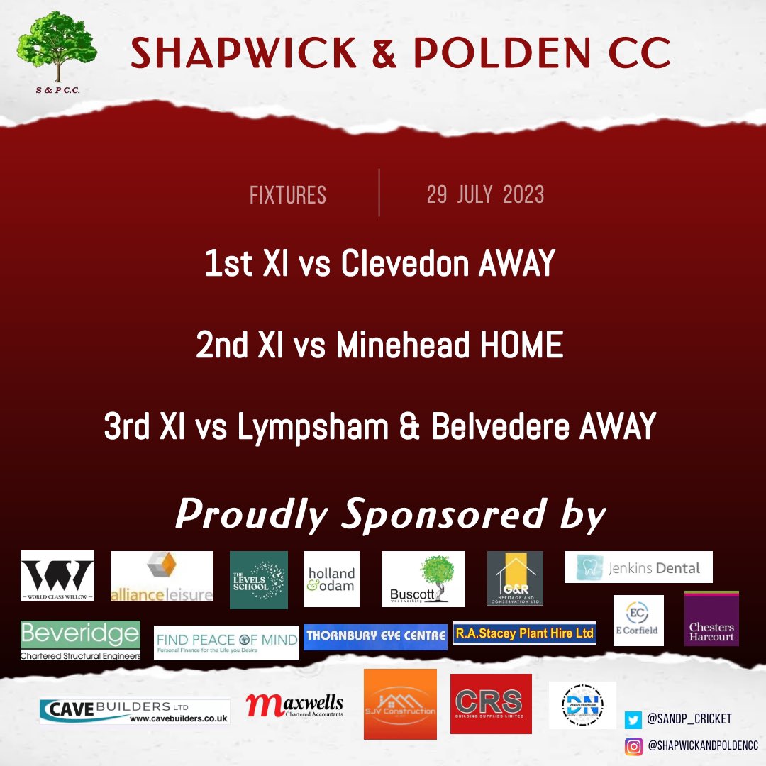 Shapwick & Polden CC (@sandp_cricket) on Twitter photo β¬οΈ Fixtures for tomorrow π
1βs travel to 3rd placed <a href="/ClevedonCricket/">Clevedon Cricket</a>
2βs host 2nd placed <a href="/MineheadCricket/">MineheadCricketClub</a>
3βs host 4th placed <a href="/LympBelvCC/">Lympsham & Belvedere</a>
Some tough games but hoping for some positive results after a few weeks of π§οΈ β¬οΈ Fixtures for tomorrow π
1βs travel to 3rd placed <a href="/ClevedonCricket/">Clevedon Cricket</a>
2βs host 2nd placed <a href="/MineheadCricket/">MineheadCricketClub</a>
3βs host 4th placed <a href="/LympBelvCC/">Lympsham & Belvedere</a>
Some tough games but hoping for some positive results after a few weeks of π§οΈ