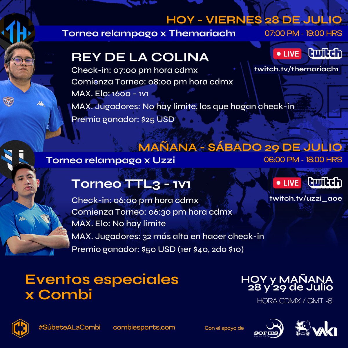 uxmalesports's tweet photo. COMUNIDAD!!! EL Happy Hour de AoE 2 comienza HOY 28 de Julio!!! 🔥 Torneo "Rey de la Colina" x @themariach1 a las 7PM hora CDMX y 🥳 MAÑANA 29 de Julio - Torneo TTL3 Relampago x #Uzzi las 6PM. Cada torneo se va a desarrollar en los canales de #Twitch de los jugadores! #AoE2 #Torneos