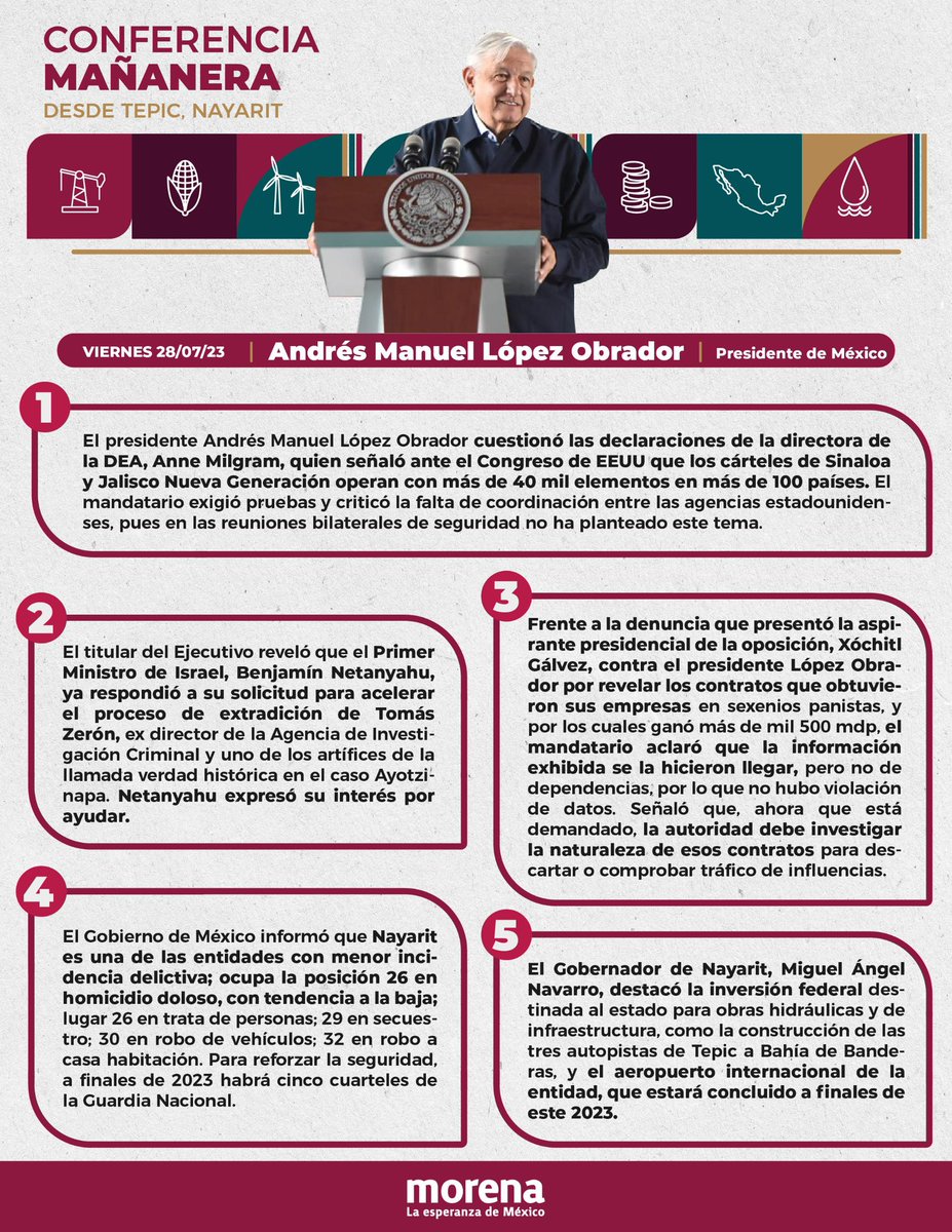 PartidoMorenaMx's tweet photo. Frente a la denuncia de Xóchitl Gálvez en contra del presidente López Obrador, él aclaró que le hicieron llegar esa información, por lo cual no hubo violación de datos. 

El mandatario exhortó a las autoridades para investigar la naturaleza de los contratos de la senadora, para descartar o comprobar el tráfico de influencias.