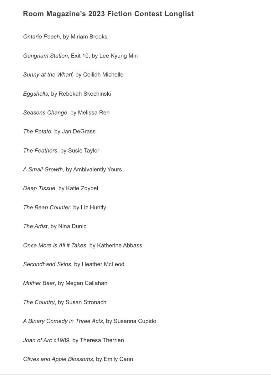 RoomMagazine's tweet photo. Drumroll, please... congratulations to our 2023 Fiction Contest Longlist, selected by @lethal_heroine! 🥳🥳🥳

https://t.co/hogJKrv5uk https://t.co/LdSzznyLfh