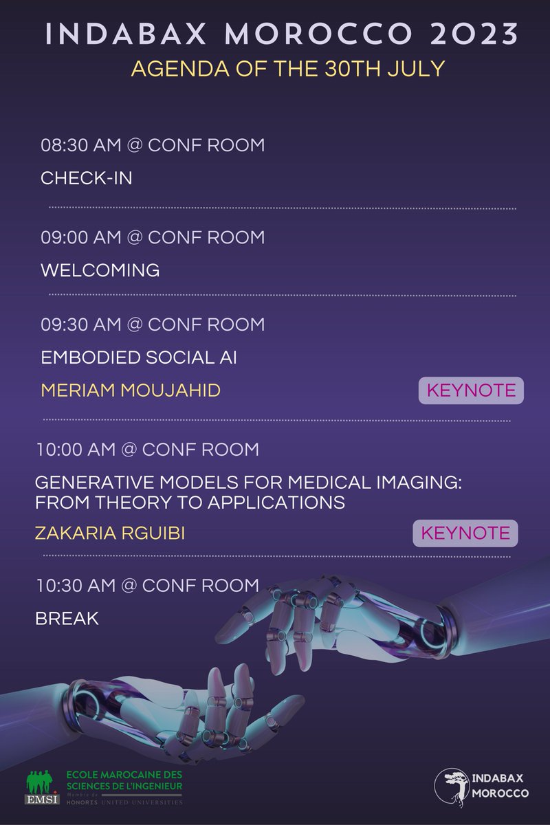 indabax_morocco's tweet photo. 🎉 Mark Your Calendar: IndabaX Morocco 2023 promises to be an unforgettable experience for all AI and ML enthusiasts!

See you at IndabaX Morocco 2023! 🚀🌐🎊
#IndabaXMorocco #AIConference #DataScience #MachineLearning #ArtificialIntelligence #IndabaX2023 #MoroccoTech https://t.co/IUwmhxG7X7
