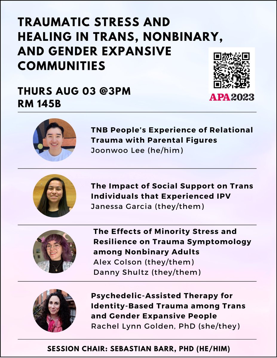 Sebastian M. Barr, Ph.D. (@drsebastianbarr) on Twitter photo Very excited for our trans-led #APA2023 symposium on traumatic stress & healing in trans communities. Feat. research led by amazing students & a talk from a practicing clinician on psychedelic-assisted therapy.
xcdsystem.com/apa/program/pB…
@apadiv44 <a href="/APADivision17/">APA Division 17</a> @apagradstudents1 Very excited for our trans-led #APA2023 symposium on traumatic stress & healing in trans communities. Feat. research led by amazing students & a talk from a practicing clinician on psychedelic-assisted therapy.
xcdsystem.com/apa/program/pB…
@apadiv44 <a href="/APADivision17/">APA Division 17</a> @apagradstudents1