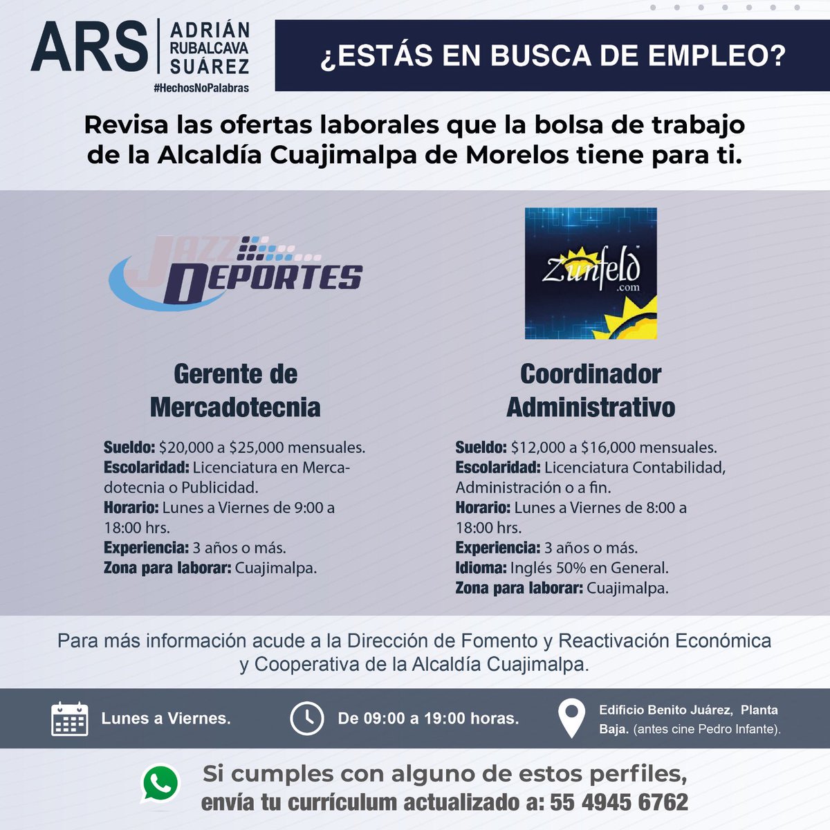 Adrián Rubalcava (@adrianrubalcava) on Twitter photo Te comparto las vacantes que están disponibles, a través de la <a href="/DFEyCAlcaldiaC1/">DFEyCCuajimalpa</a>. Si estás en la búsqueda de empleo y alguno de estos puestos te interesan, manda tu CV vía WhatsApp. ¡Suerte! Te comparto las vacantes que están disponibles, a través de la <a href="/DFEyCAlcaldiaC1/">DFEyCCuajimalpa</a>. Si estás en la búsqueda de empleo y alguno de estos puestos te interesan, manda tu CV vía WhatsApp. ¡Suerte!
