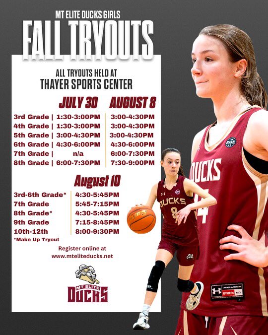 Looking forward to our <a href="/MTEliteDucks/">MT Elite Ducks</a> tryouts beginning for most age groups this weekend @ Thayer Sports Center in Braintree.  Hope to see you there.