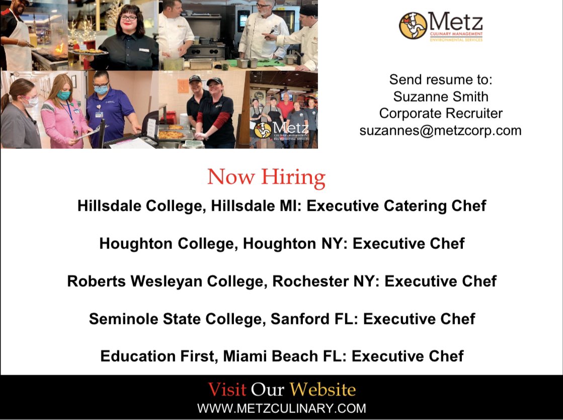 🔥 Hot Job Alert 🔥
The culinary industry is HOT right now, there is no better time to be working as an Executive Chef. Check out all of our opportunities at metzculinary.com
Culinary is our middle name.