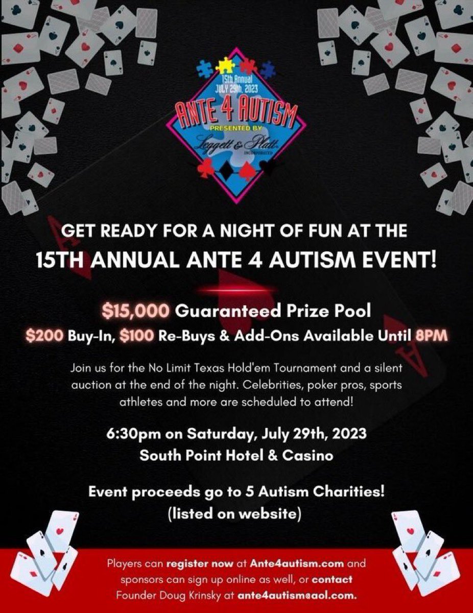 One of my favorite annual charity poker events takes place tomorrow!

<a href="/Ante4Autism/">Ante4autism</a> is hosting their 15th annual event at <a href="/SPPokr/">South Point Poker Room</a> and I’ll be out there supporting. Last year I got to sit with <a href="/NormanChad/">Norman Chad</a> and <a href="/williamhungshow/">William Hung</a> so my fingers are crossed for another good table draw!