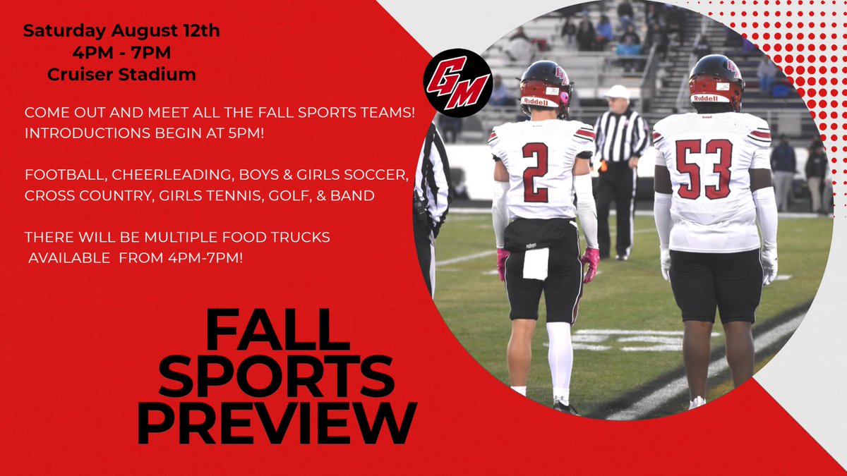 GHMS Fall Sports Preview!
Saturday August 12th 5:00 PM
All fall sports will be recognized out at the stadium. if you have a child on any of the fall sports teams or band, come out for a night to meet the teams!
We will also have numerous food trucks on site from 4:00-7:00!