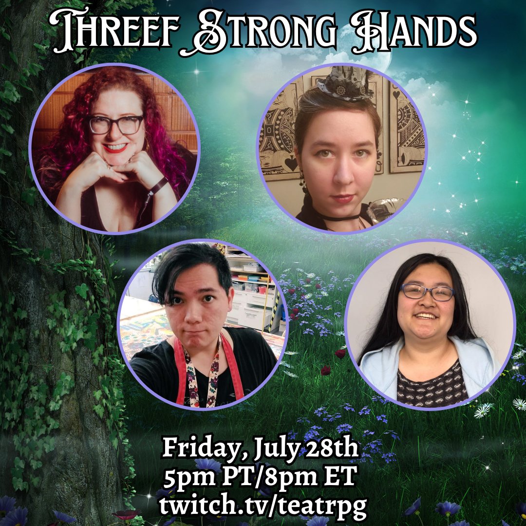 Live in just ONE hour you can watch Threef Strong Hands as <a href="/Miss_Jess03/">Miss_Jess03</a> leads her Threeflings cast of <a href="/PaleWhiteRabbit/">Spooky Xan Larson 🍵🐇</a> <a href="/Drazillion/">Alison Huang - drazillion.itch.io on bsky</a> and <a href="/DW_Dagon/">𝙳𝚆 (𝙳𝚊𝚐𝚘𝚗)</a> through this amazing adventure of Good Strong Hands. Live on twitch.tv/teatrpg.
