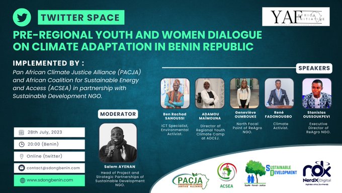 Regional pre-dialogue of women and youth on climate adaptation in Benin. Importance of financing adaptation in Africa, the role of women and youth in the process. x.com/i/spaces/1vAxR……
@ongreagro
<a href="/youthnegotiator/">Youth Negotiators Academy</a>
<a href="/salemmayenan/">Salem Mihindeou AYENAN</a>
<a href="/missclimat/">ADAMOU Maïmouna #COP30</a>
<a href="/OumboukGenevive/">Geneviève OUMBOUKE</a>
<a href="/PACJA1/">PACJA</a>
<a href="/yaf_africa/">YAF Africa Initiative</a>