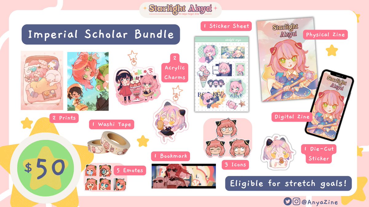 AnyaZine's tweet photo. 🌟 BUNDLE PREVIEW 🌟

Attention Anya stans! Stop and stare at Imperial Scholar, our full bundle! It includes everything you see here and is eligible for our early bird sticker and all stretch goals. Get yours in our shop linked below! 💕 https://t.co/6gafUoTNG9