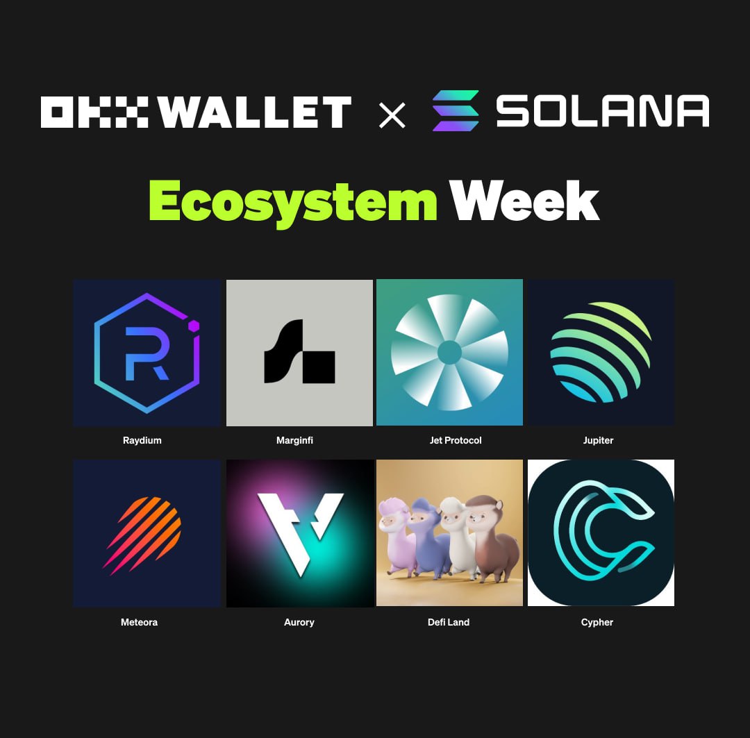 OKX Wallet (@wallet) on Twitter photo 💪 We're big supporters of the Solana Ecosystem & the projects that build on <a href="/solana/">Solana</a>.
🙏 Thank you to the 1st round of Solana projects that support the #OKXWallet
<a href="/RaydiumProtocol/">Raydium</a>
<a href="/marginfi/">marginfi ◼️</a>
<a href="/JetProtocol/">Jet Protocol</a>
<a href="/JupiterExchange/">Jupiter (🐱, 🐐)</a>
<a href="/MeteoraAG/">Meteora</a>
<a href="/AuroryProject/">Aurory: Seekers of Tokane</a>
<a href="/DeFi_Land/">DeFi Land</a>
<a href="/cypher_protocol/">cypher ©️</a> 💪 We're big supporters of the Solana Ecosystem & the projects that build on <a href="/solana/">Solana</a>.
🙏 Thank you to the 1st round of Solana projects that support the #OKXWallet
<a href="/RaydiumProtocol/">Raydium</a>
<a href="/marginfi/">marginfi ◼️</a>
<a href="/JetProtocol/">Jet Protocol</a>
<a href="/JupiterExchange/">Jupiter (🐱, 🐐)</a>
<a href="/MeteoraAG/">Meteora</a>
<a href="/AuroryProject/">Aurory: Seekers of Tokane</a>
<a href="/DeFi_Land/">DeFi Land</a>
<a href="/cypher_protocol/">cypher ©️</a>