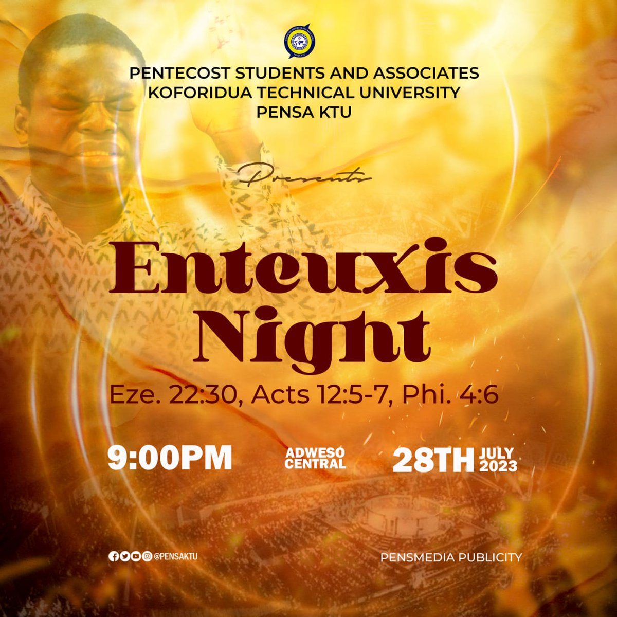 pensaktu's tweet photo. As part of our BWC, PENSA-KTU brings to you ENTEUXIS NIGHT which is happening live tonight at exactly 9 pm sharp.

Don't forget to come along with your friends and roomies.

See you there.

#BWC23
#GroundedInTheWord
#Enteuxis https://t.co/9yTn6pJdBU