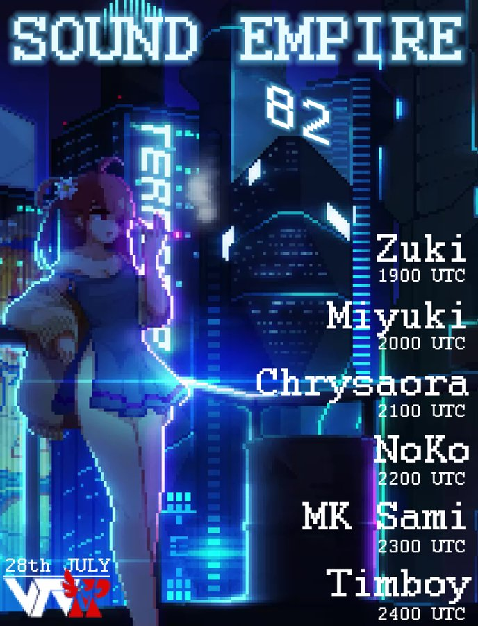 We're kicking the weekend off with a bang at SOUND EMPIRE 82 with DJs: @ZukiVR @notDJMiyuky @DjChrysaora @DjNoK0 @MKSamisheesh @DJ_Timboy DOORS OPEN! Join on friends or on the instance link: vrch.at/4q9fzyz0 Discord: Discord.gg/VTVR Poster by VM.