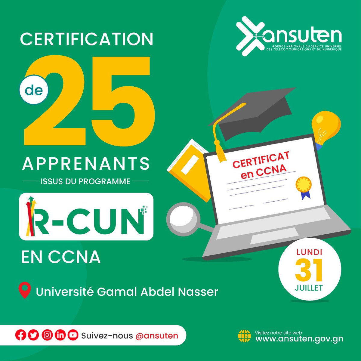 ansuten's tweet photo. Dans le cadre de la mise en œuvre de la deuxième phase du programme #RCUN, phase qui consiste à former et à certifier des jeunes lauréats de l’an 2022, l’ANSUTEN lance la formation de la première cohorte constituée de 25 lauréats en CISCO CCNA à partir du lundi 31 juillet 2023. https://t.co/7B8gh1fhD4