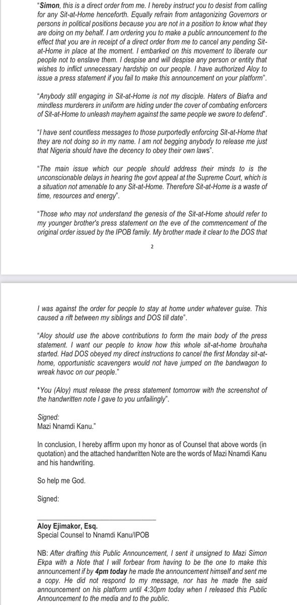 AloyEjimakor's tweet photo. MAZI NNAMDI KANU hereby ends all Sit-At-Home by direct Order. https://t.co/N9MdGuxgY1