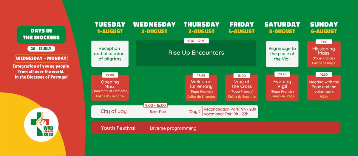 wyd_en's tweet photo. Are you familiar with the World Youth Day program?⏰

📌 Save this post so you don't miss any events 💫

#WYD #Lisbon2023 https://t.co/cw7F7egO2O